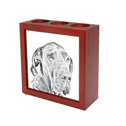 Alano tedesco, portacandele/portapenne di legno con l’immagine di un cane