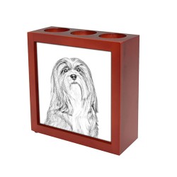 Lhasa Apso, wooden stand for candles/pens with the image of a dog !
