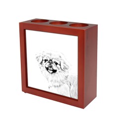 Pekinese, portacandele/portapenne di legno con l’immagine di un cane