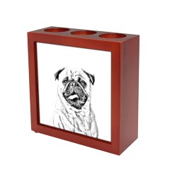Carlino, portacandele/portapenne di legno con l’immagine di un cane