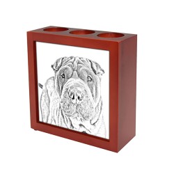 Shar Pei, portacandele/portapenne di legno con l’immagine di un cane