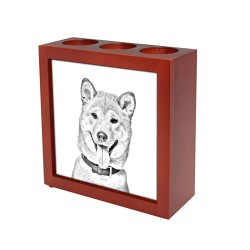 Shiba Inu, portacandele/portapenne di legno con l’immagine di un cane