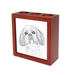 Shih Tzu, portacandele/portapenne di legno con l’immagine di un cane