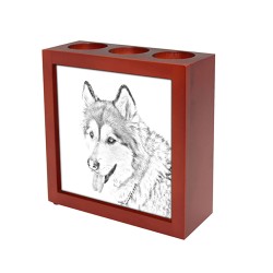 Alaskan Malamute, wooden stand for candles/pens with the image of a dog !