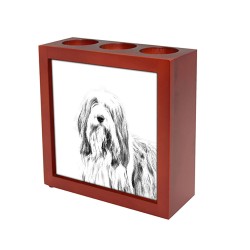 Bearded Collie, portacandele/portapenne di legno con l’immagine di un cane