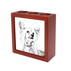 Chinesische Schopfhund, holzständer für Kerzen/ Kugelschreiber mit dem Bild des Hundes.