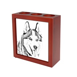 Siberian Husky, wooden stand for candles/pens with the image of a dog !
