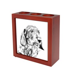 Teckel Wirehaired, portacandele/portapenne di legno con l’immagine di un cane
