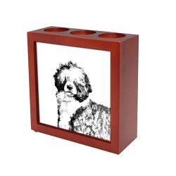 Portuguese Water Dog, wooden stand for candles/pens with the image of a dog !