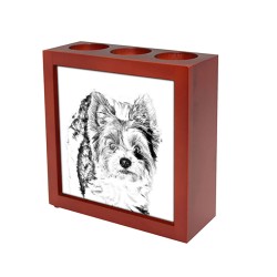 Biewer Terrier, wooden stand for candles/pens with the image of a dog !
