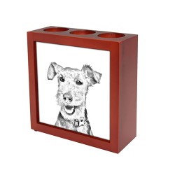 Welsh Terrier, wooden stand for candles/pens with the image of a dog !
