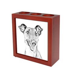 Fox-terrier à poil lisse, portacandele/portapenne di legno con l’immagine di un cane