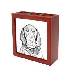 Black and tan coonhound, wooden stand for candles/pens with the image of a dog !