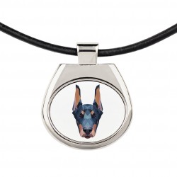 Un collar con un perro Dobermann. Una nueva colección con el perro geométrico