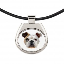 Un collier avec un chien Bouledogue Anglais. Une nouvelle collection avec le chien géométrique