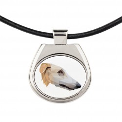 Una collana con un cane Borzoi. Una nuova collezione con il cane geometrico