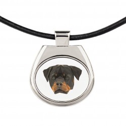 Un collier avec un chien Rottweiler. Une nouvelle collection avec le chien géométrique