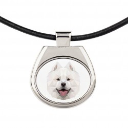 Una collana con un cane Samoiedo. Una nuova collezione con il cane geometrico