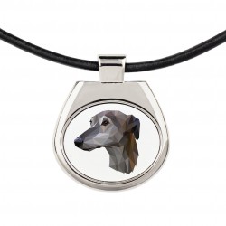 Una collana con un cane Greyhound. Una nuova collezione con il cane geometrico