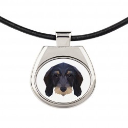 Un collar con un perro Perro salchicha wirehaired. Una nueva colección con el perro geométrico