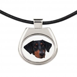 Un collar con un perro Dobermann uncropped. Una nueva colección con el perro geométrico