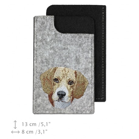 Filzbeutel für Handy mit einer gestickten Darstellung eines Hundes.