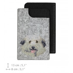 Pyrenean Shepherd - A felt phone case with an embroidered image of a dog.