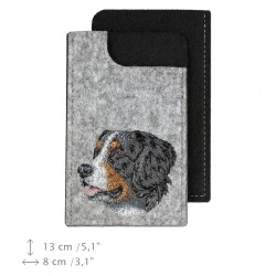 Bernese Mountain Dog - A felt phone case with an embroidered image of a dog.
