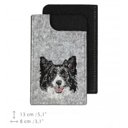 Border Collie - A felt phone case with an embroidered image of a dog.