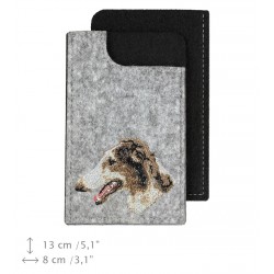 Borzoi - A felt phone case with an embroidered image of a dog.