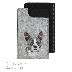 Boston Terrier - A felt phone case with an embroidered image of a dog.