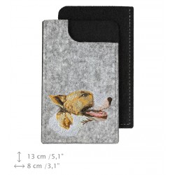 Bull Terrier - A felt phone case with an embroidered image of a dog.