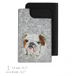 English Bulldog - A felt phone case with an embroidered image of a dog.