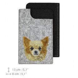 Chihuahua longhaired - A felt phone case with an embroidered image of a dog.