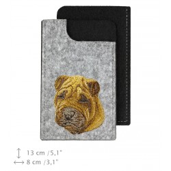 Shar Pei - A felt phone case with an embroidered image of a dog.