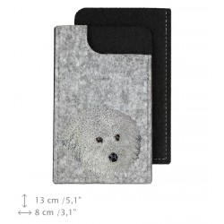 Coton de Tuléar - A felt phone case with an embroidered image of a dog.