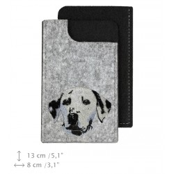 A felt phone case with an embroidered image of a dog.
