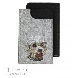 Filzbeutel für Handy mit einer gestickten Darstellung eines Hundes.