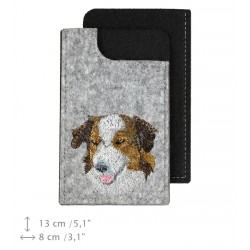 English Shepherd - A felt phone case with an embroidered image of a dog.