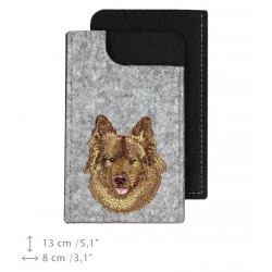 Eurasier - A felt phone case with an embroidered image of a dog.