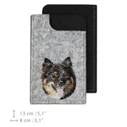 Finnish Lapphund - A felt phone case with an embroidered image of a dog.