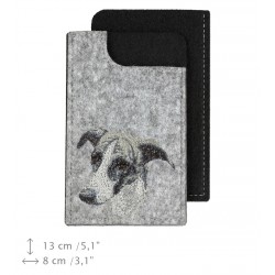 Grey Hound - A felt phone case with an embroidered image of a dog.