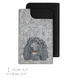 Irish Water Spaniel - A felt phone case with an embroidered image of a dog.