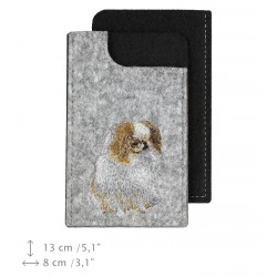 Japanese Chin - A felt phone case with an embroidered image of a dog.