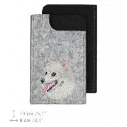 Japanese Spitz - A felt phone case with an embroidered image of a dog.