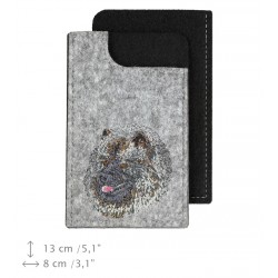 Keeshond - A felt phone case with an embroidered image of a dog.