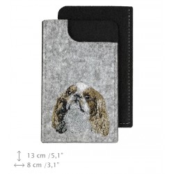King Charles Spaniel - A felt phone case with an embroidered image of a dog.