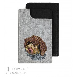 Romagna Water Dog - A felt phone case with an embroidered image of a dog.