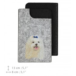 Maltese - A felt phone case with an embroidered image of a dog.