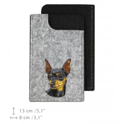 Miniature Pinscher - A felt phone case with an embroidered image of a dog.